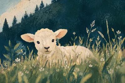 Gentle Lamb Resting in Evergreen Meadow