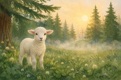 Gentle Lamb in Evergreen Meadow Light