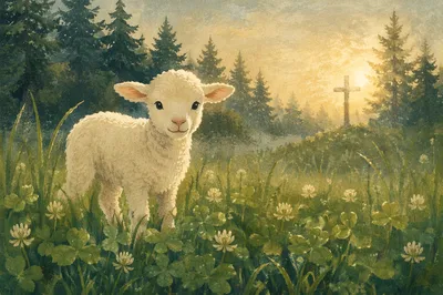 White Lamb in Evergreen Meadow Light