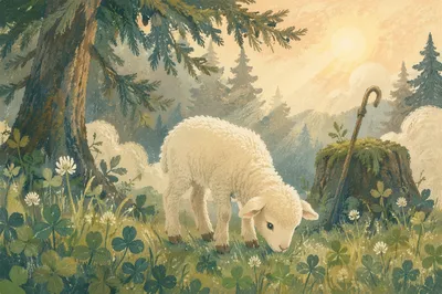 Gentle Lamb in Evergreen Meadow Light