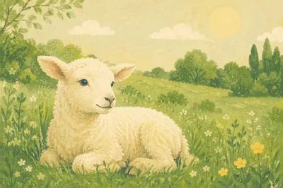Gentle White Lamb in Evergreen Meadow
