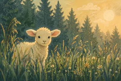 Gentle Lamb in Evergreen Meadow Light