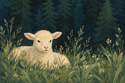 Gentle Lamb in Evergreen Meadow Light