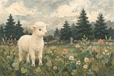 Gentle Lamb in Evergreen Meadow Light