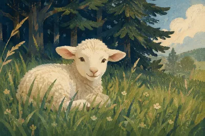 Gentle Lamb in Evergreen Meadow Light