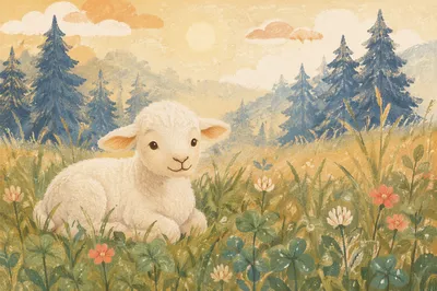 Gentle Lamb in Evergreen Meadow Light