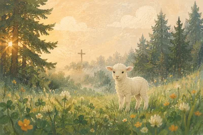 Gentle Lamb in Evergreen Meadow Light