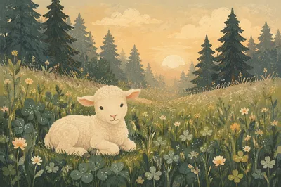 Gentle Lamb in Evergreen Meadow Light