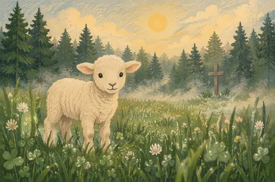 White Lamb in Meadow Morning Light