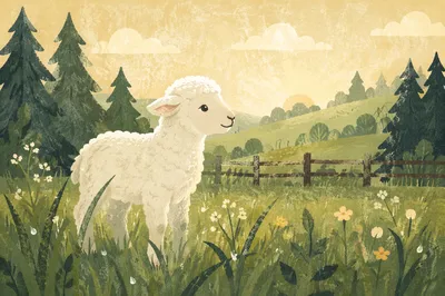 Gentle Lamb in Evergreen Morning Meadow