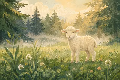 Gentle Lamb in Evergreen Meadow Light