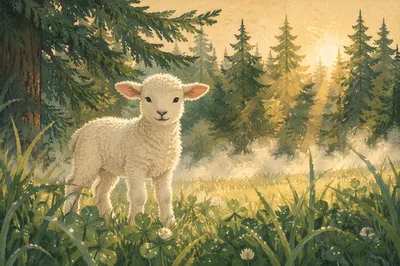 White Lamb in Misty Evergreen Meadow