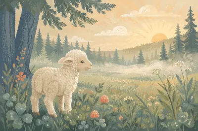 Gentle Lamb in Evergreen Meadow Light