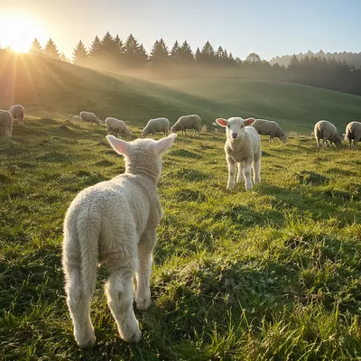 Gentle Lambs in Evergreen Morning Meadow