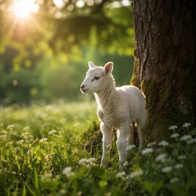 Gentle Lamb in Evergreen Meadow Light