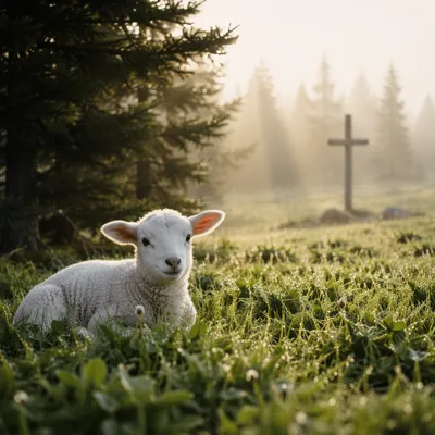 White Lamb in Evergreen Meadow Light