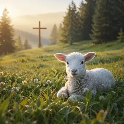 White Lamb in Evergreen Morning Meadow