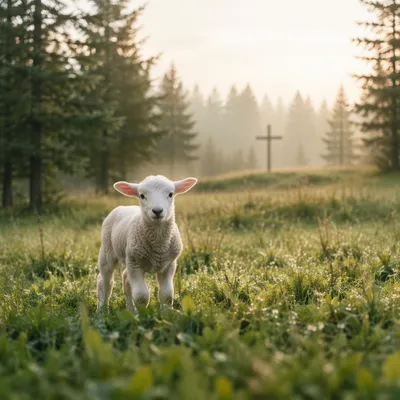 Gentle Lamb in Evergreen Meadow Light