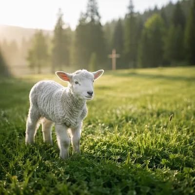 Gentle Lamb in Evergreen Meadow Light