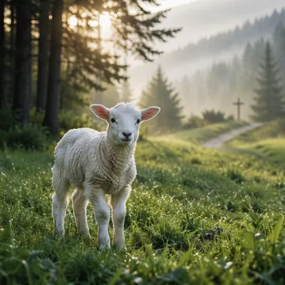 Gentle Lamb in Evergreen Meadow Light
