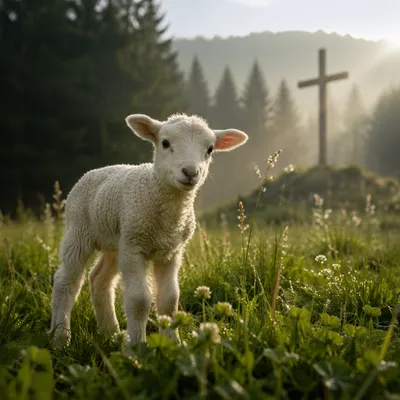 Gentle Lamb in Evergreen Meadow Light
