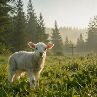 White Lamb in Evergreen Meadow Light