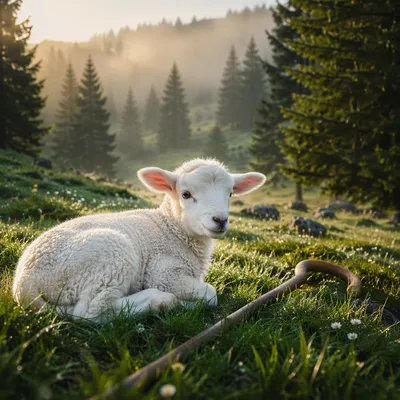 White Lamb in Evergreen Meadow Light