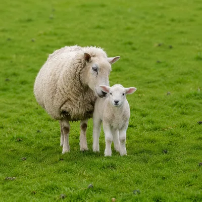 Gentle Lamb and Ewe in Green Meadow