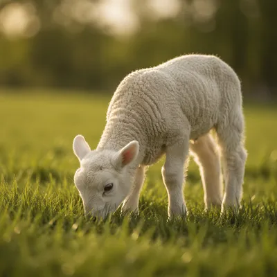 White Lamb in Sunlit Evergreen Meadow