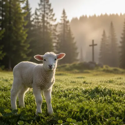 Gentle Lamb in Evergreen Meadow Light