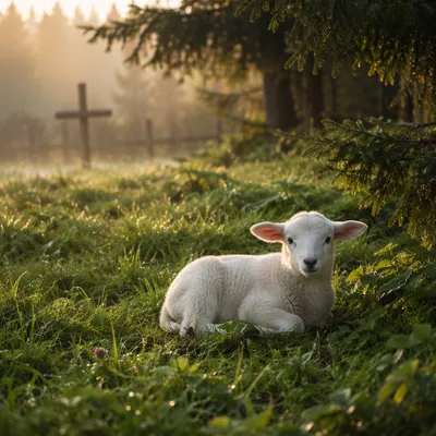 White Lamb in Evergreen Meadow Light