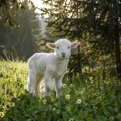 Gentle Lamb in Evergreen Meadow Light