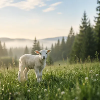 White Lamb in Evergreen Meadow Light