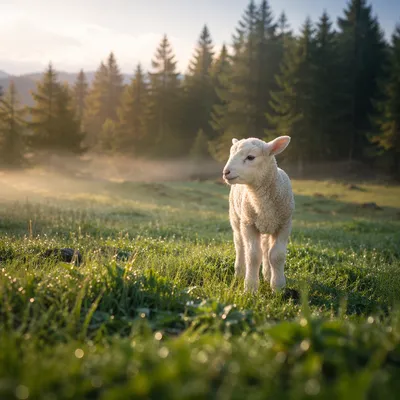 Gentle Lamb in Evergreen Meadow Light