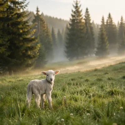 White Lamb in Evergreen Spring Meadow
