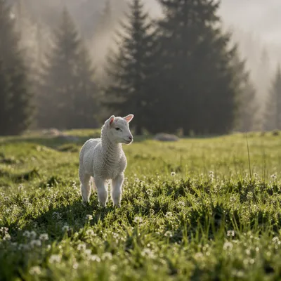 Young Lamb in Evergreen Meadow Light