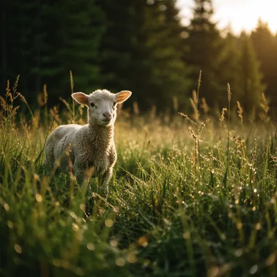 Young Lamb in Evergreen Meadow Light