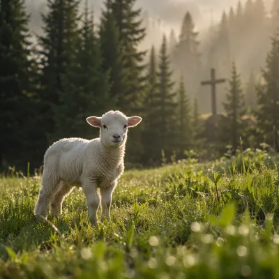 Gentle Lamb in Evergreen Morning Meadow