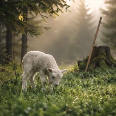 Gentle Lamb in Evergreen Morning Meadow