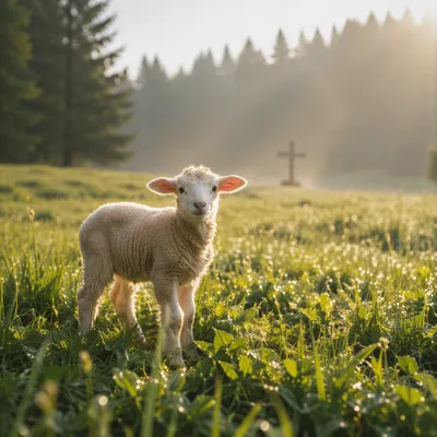 Young Lamb in Evergreen Meadow Light