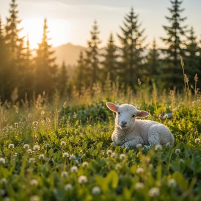 White Lamb in Evergreen Meadow Light