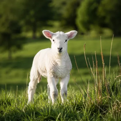 Peaceful White Lamb in Evergreen Meadow