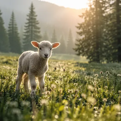 Gentle Lamb in Evergreen Meadow Light