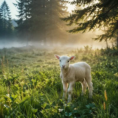 Young Lamb in Misty Evergreen Meadow