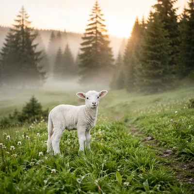 Gentle Lamb in Evergreen Meadow Light