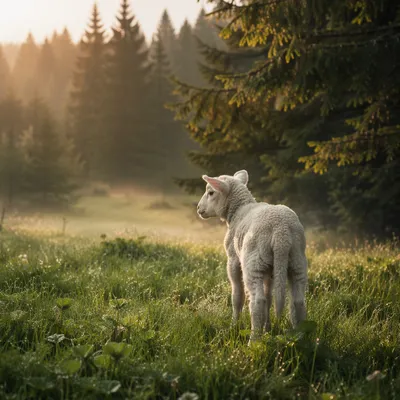 Gentle Lamb in Evergreen Meadow Light