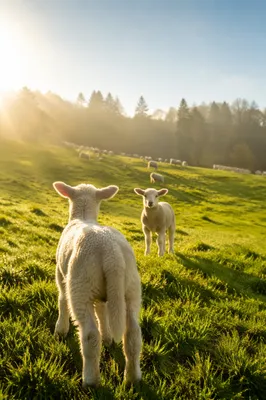 Gentle Lambs in Evergreen Morning Meadow