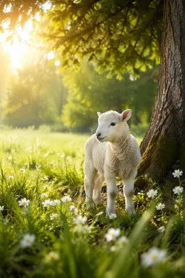 Gentle Lamb in Evergreen Meadow Light