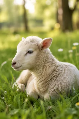 Gentle Lamb Resting in Green Meadow