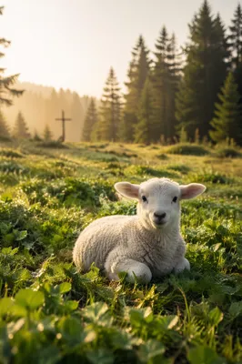 White Lamb in Evergreen Morning Meadow